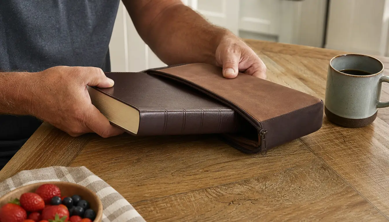Hands sliding a study Bible into a protective book cover on a kitchen table