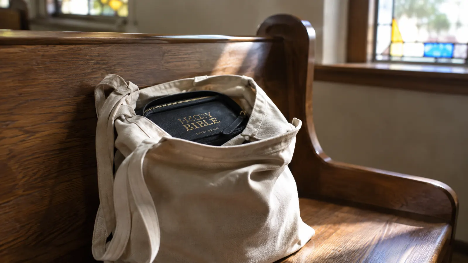 A covered study Bible standing in a tote bag on a wooden church pew
