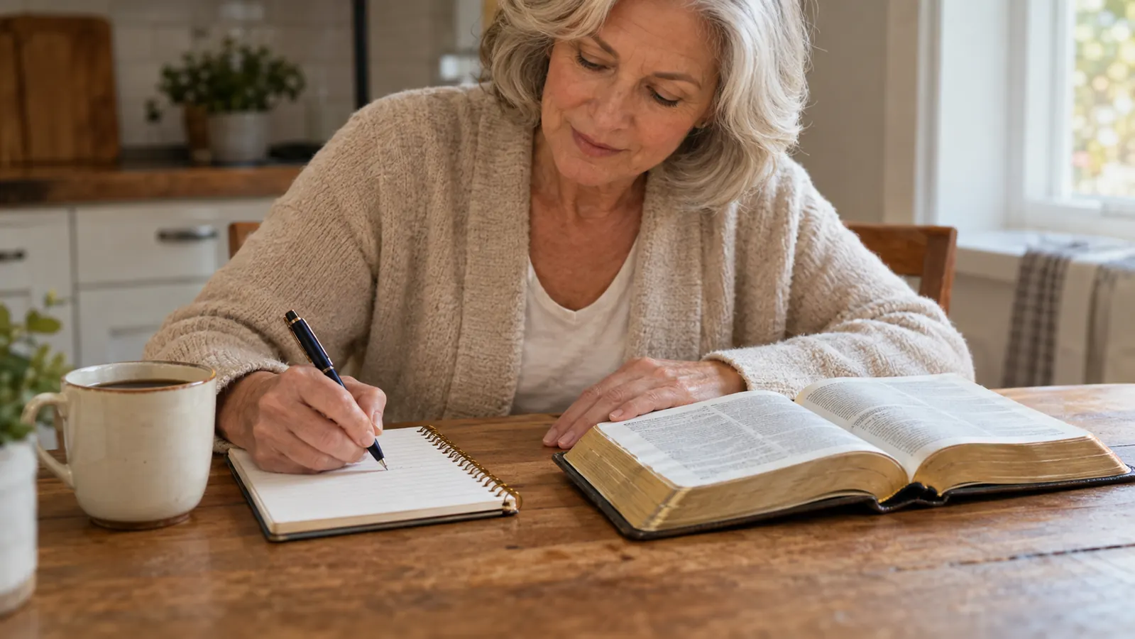 A woman's hand writing in an open spiral notebook beside an open Bible on a kitchen table