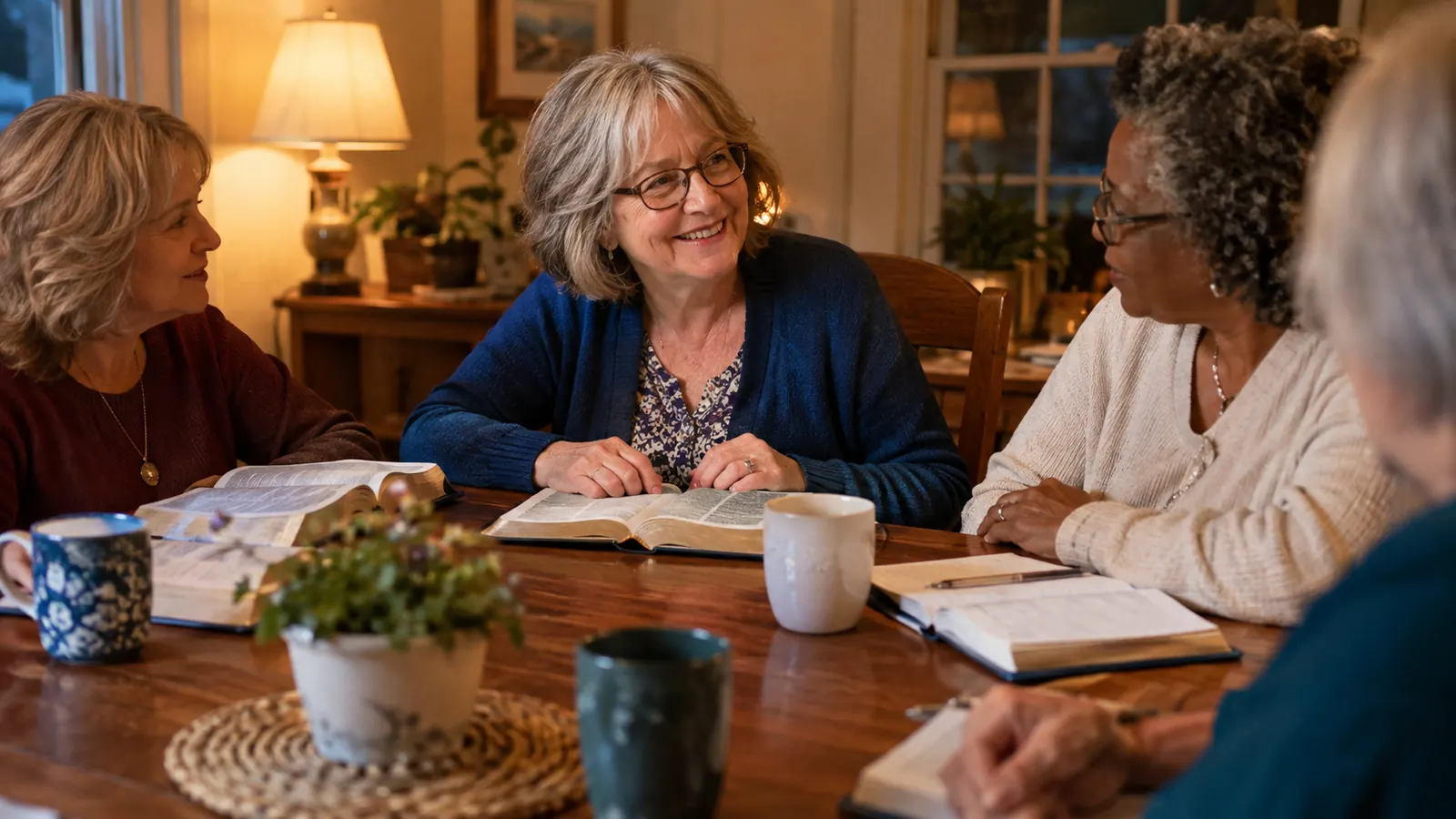 A small group of women gathered around a kitchen table with open Bibles and notebooks in the evening