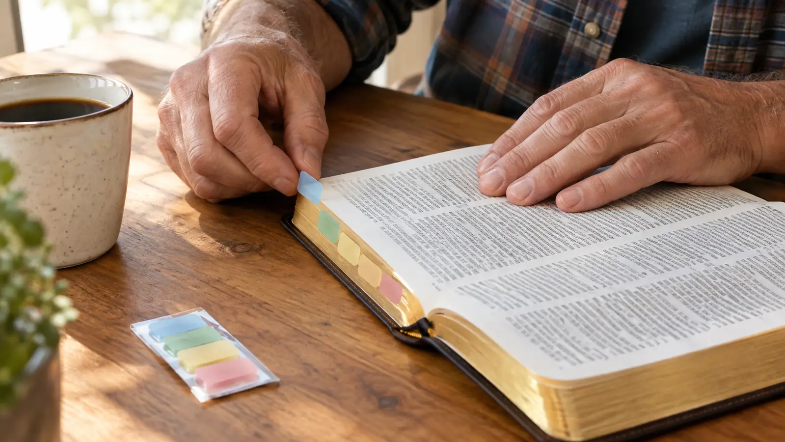 Hands placing a laminated tab on the edge of an open Bible page on a kitchen table