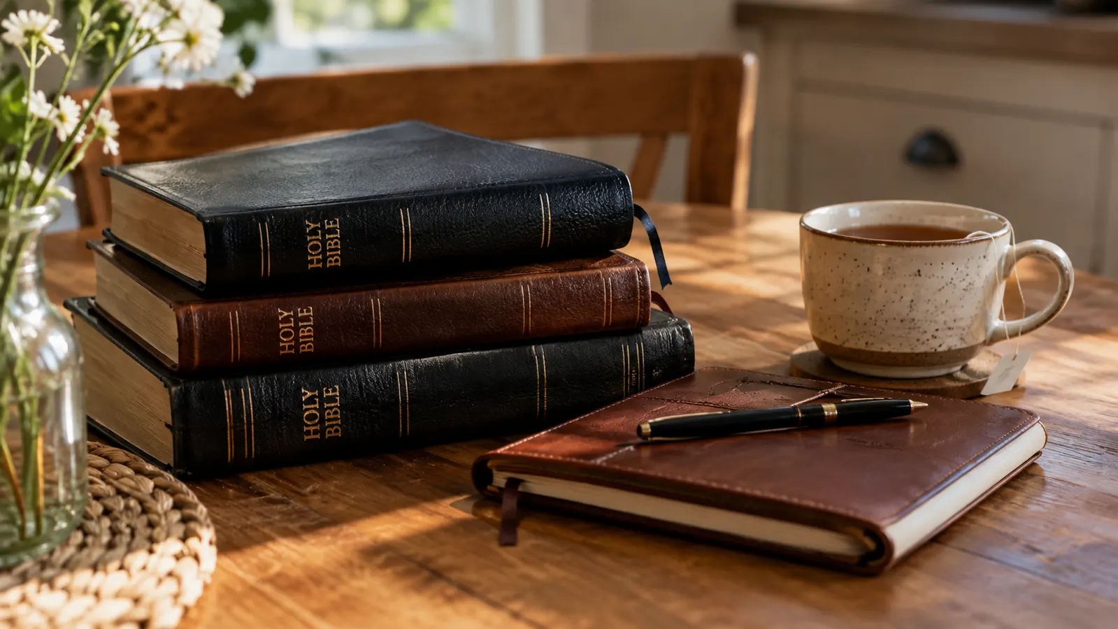 A stack of Bibles and a journal on a wooden kitchen table with a cup of tea