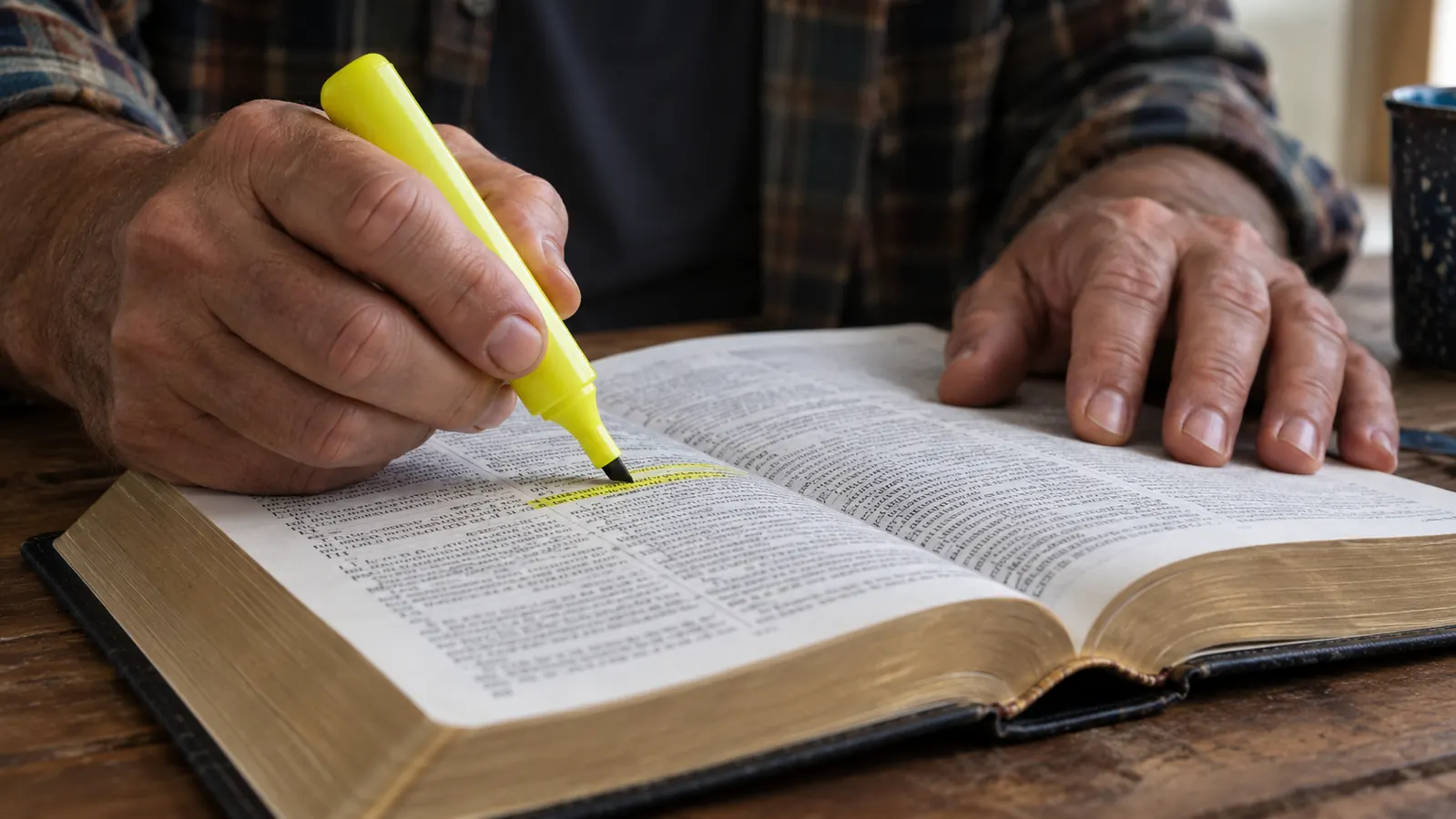 A hand holding a highlighter over an open Bible page with a marked verse, the ink sitting cleanly on the thin paper