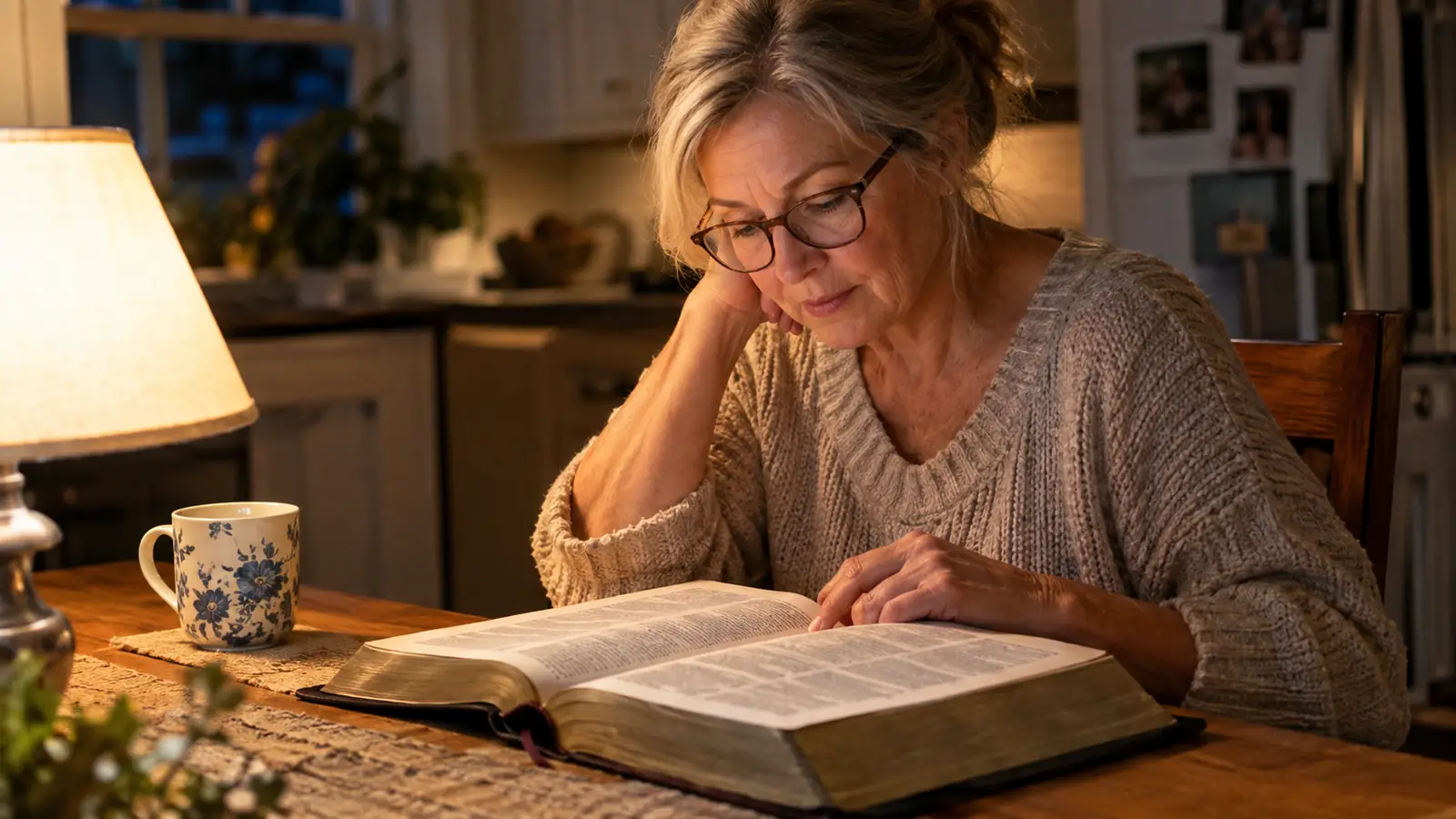 A woman in her sixties reading an open Bible at a kitchen table in the evening with a lamp on