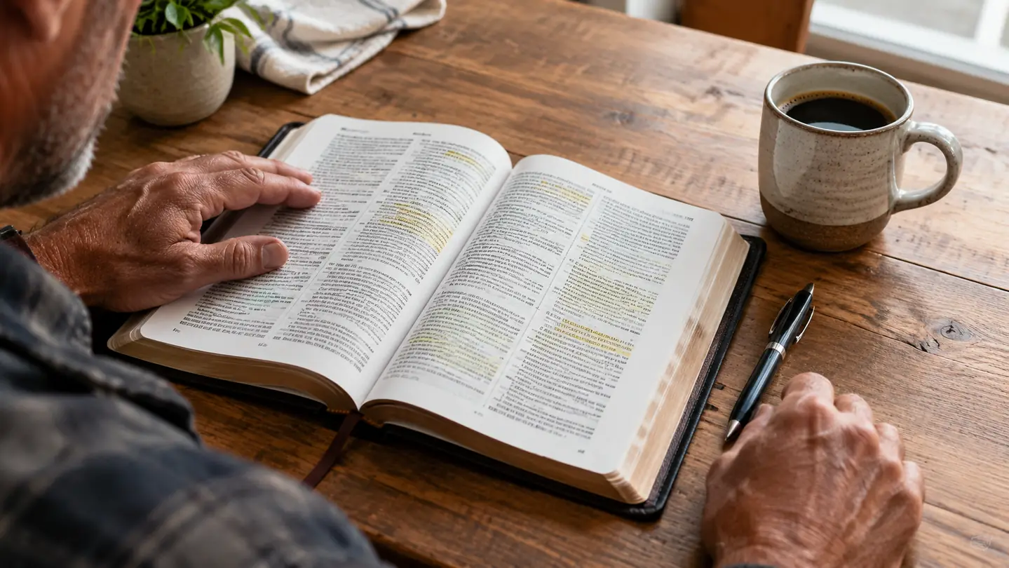 The ESV Journaling Bible open on a wooden kitchen table with a pen resting in the margin and a coffee mug nearby