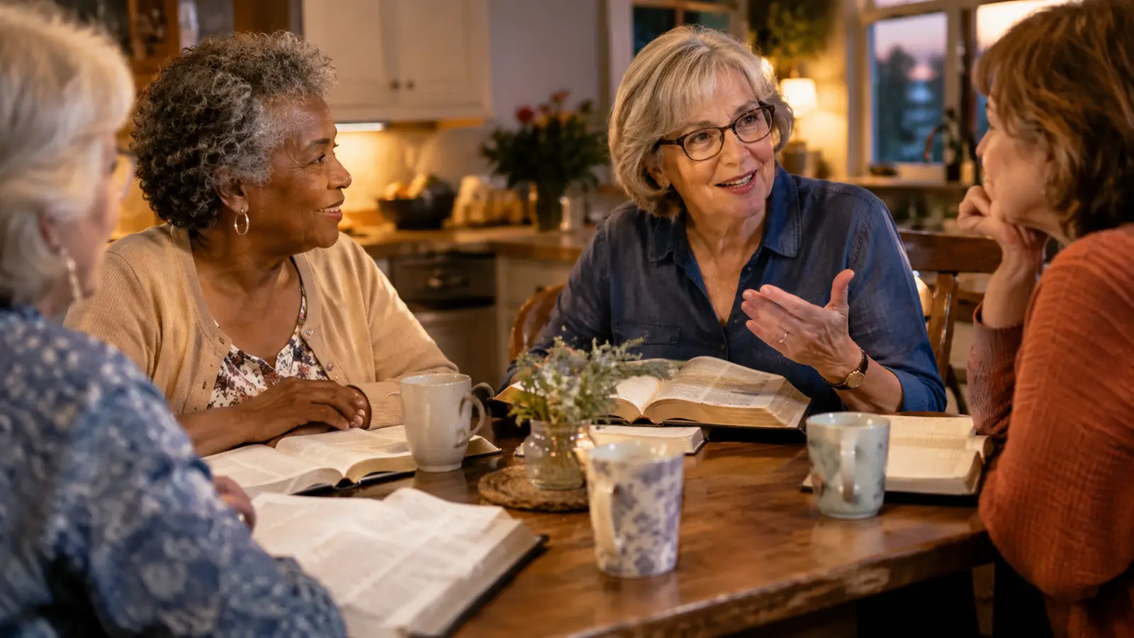 A small group of women in their sixties gathered around a kitchen table with open Bibles and coffee cups
