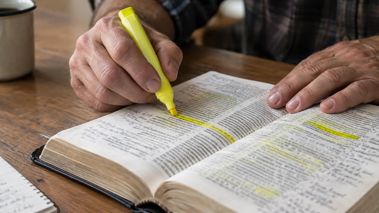 A hand holding a chisel-tip highlighter over an open Bible page with handwritten margin notes, marking a verse