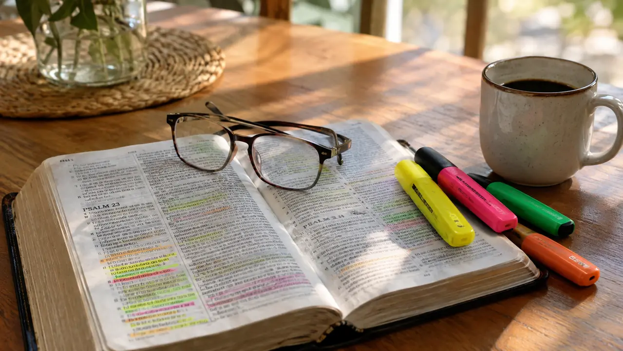 An open Bible on a kitchen table beside reading glasses, a coffee cup, and a few highlighters, late afternoon light