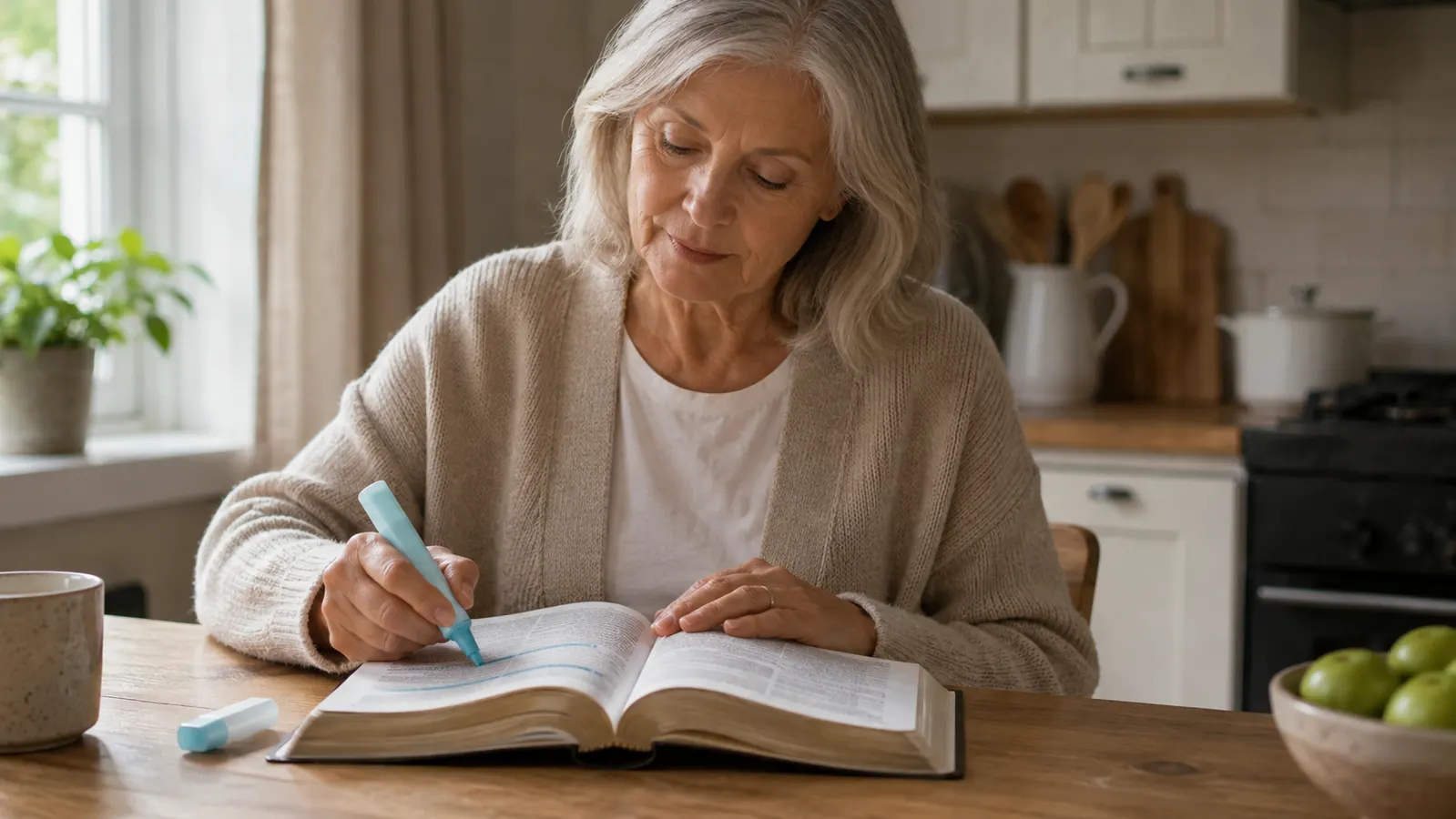 A woman's hand holding a chisel-tip highlighter over an open Bible, marking a verse on a kitchen table