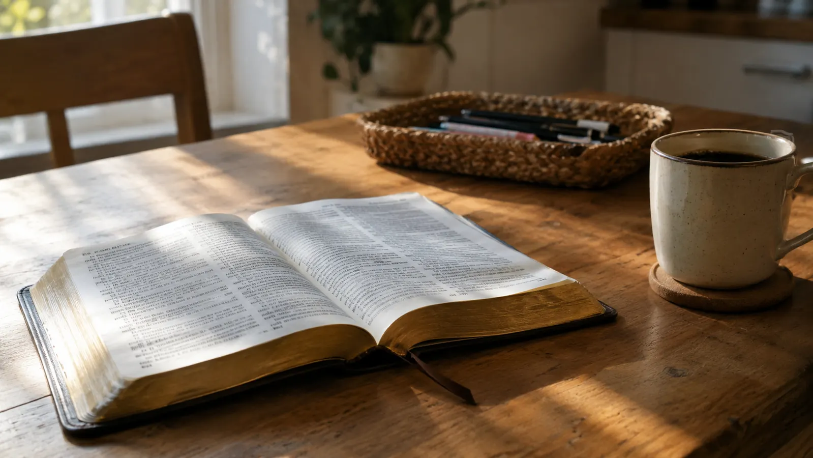 An open Bible on a kitchen table beside a small basket of pens and a coffee mug, late afternoon light