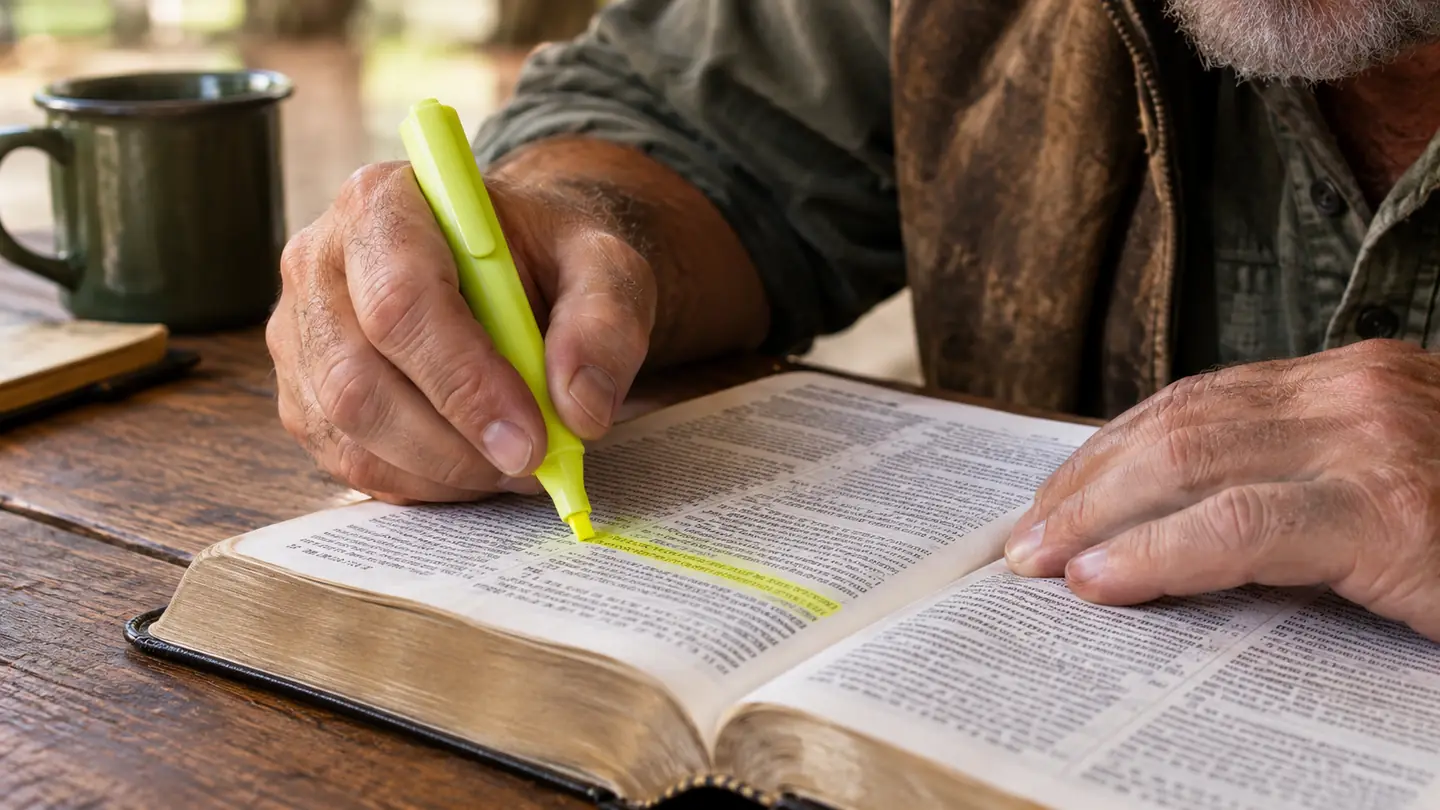 A hand holding a highlighter over an open Bible page, marking a verse