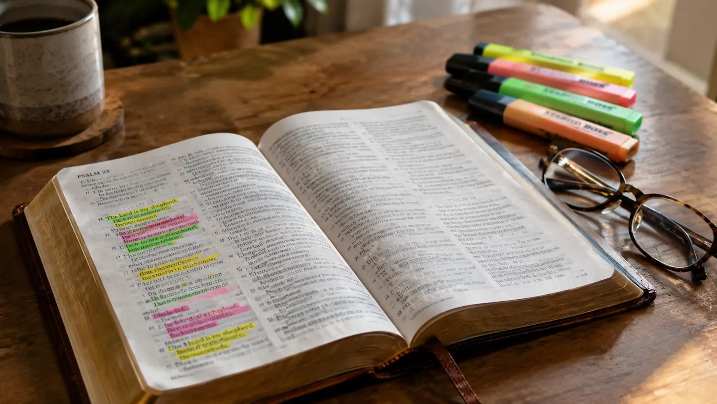 An open Bible with a few marked verses and a set of highlighters arranged on a wooden table