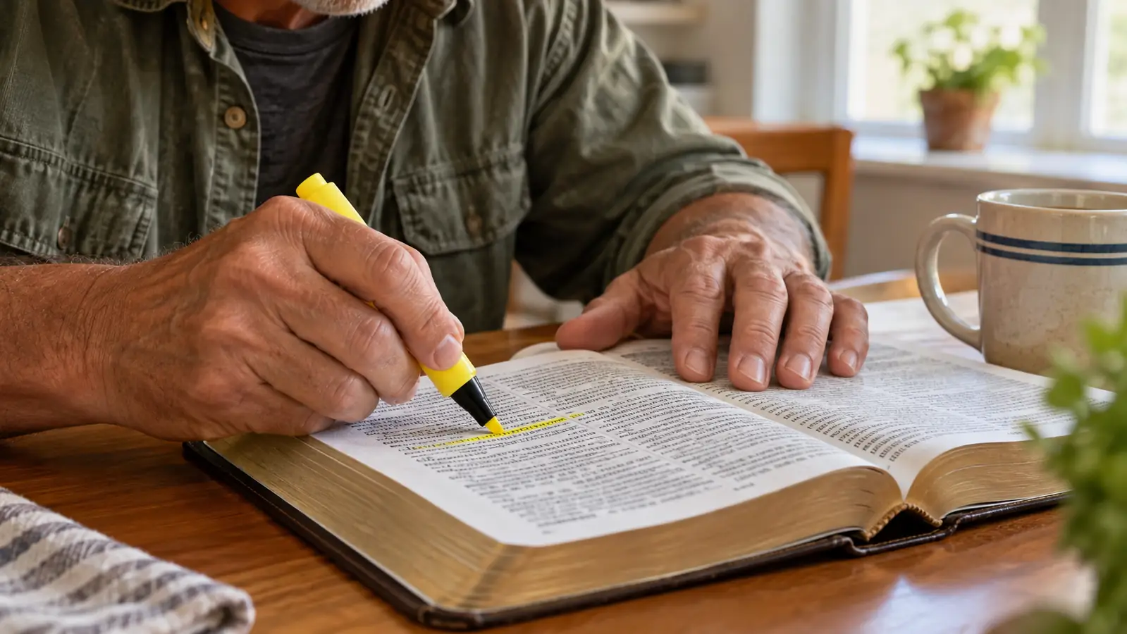 A woman in her sixties using a highlighter to underline a verse in an open Bible on a kitchen table.