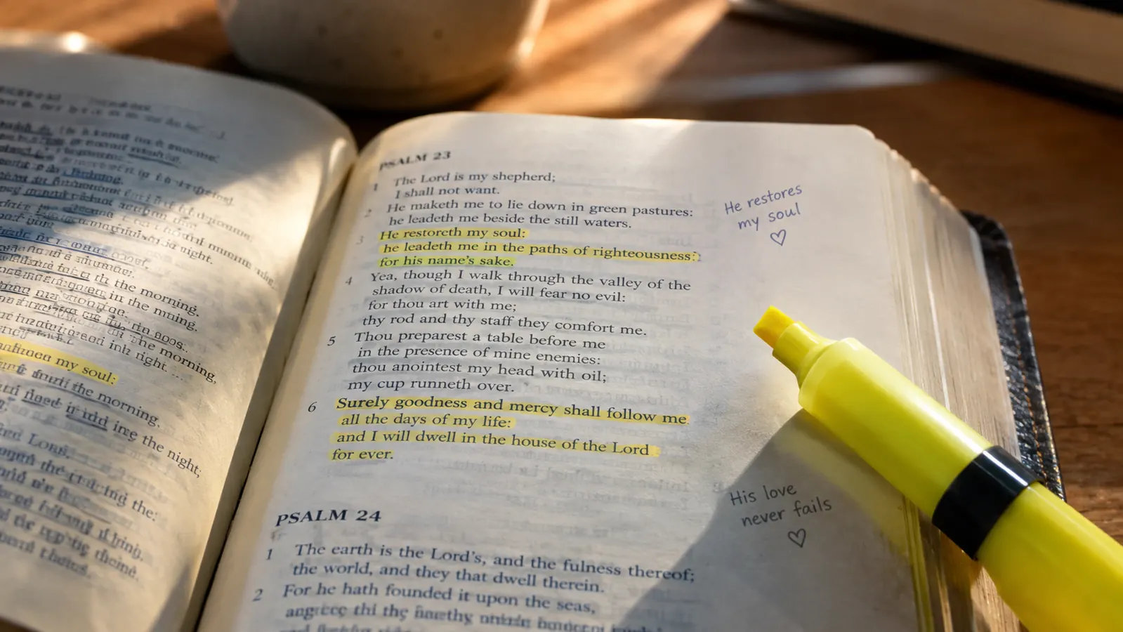 Close-up of an open Bible page with underlined verses and a highlighter resting on the page.