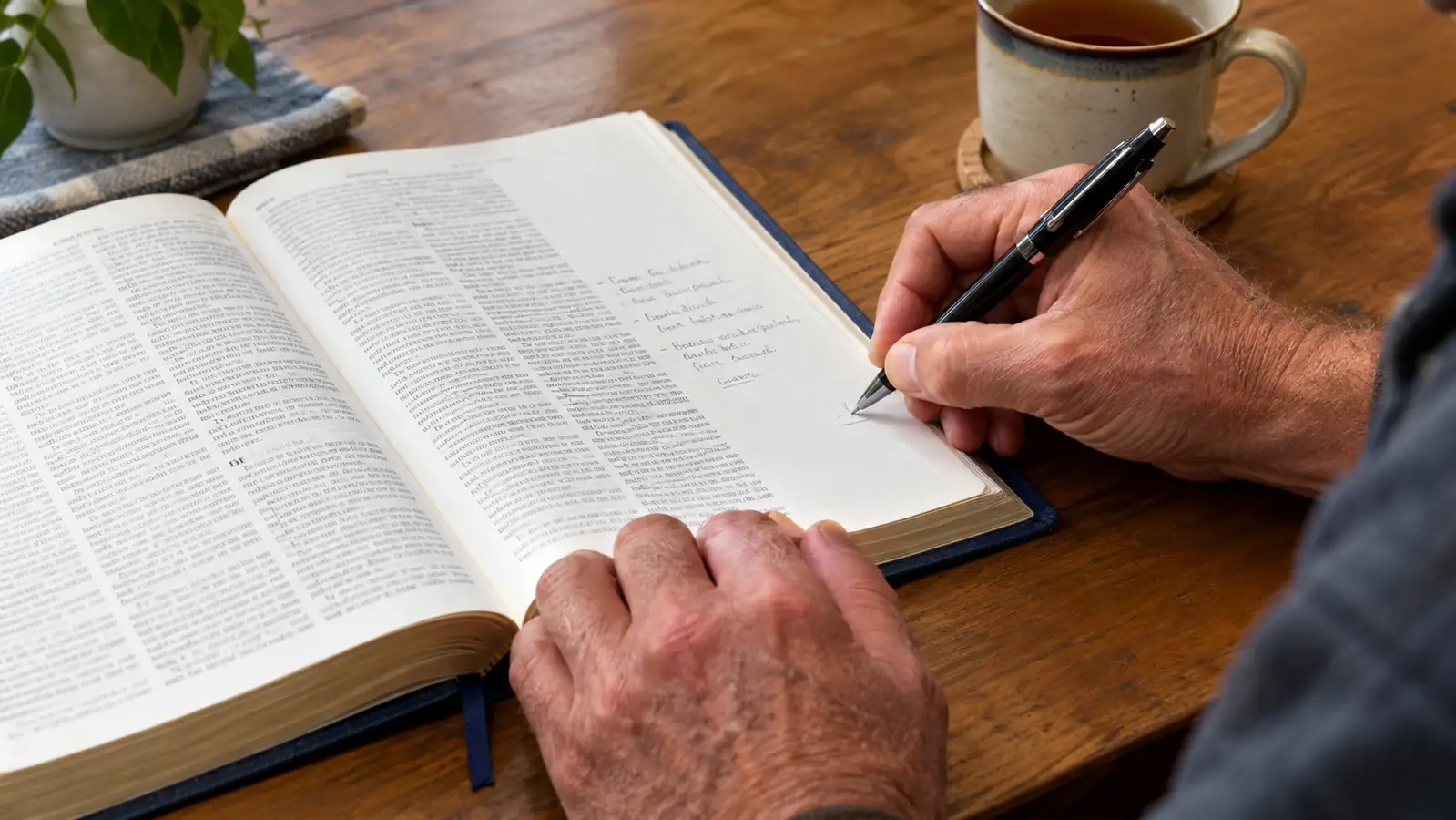 A hand with a pen writing in the wide margin of an open journaling Bible, a cup of tea on the table