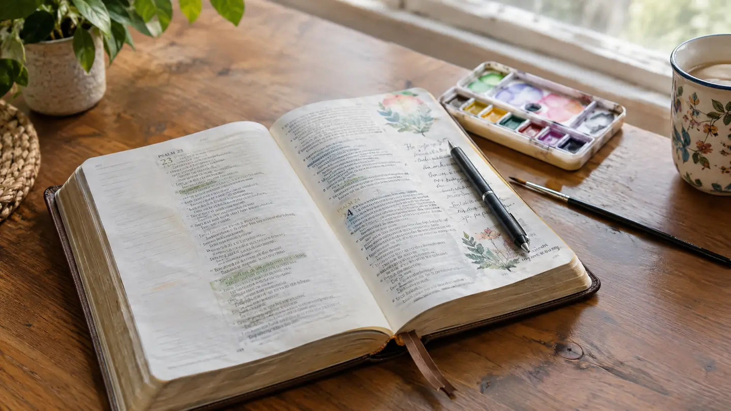 A journaling Bible open on a kitchen table with a pen and a small watercolor set nearby