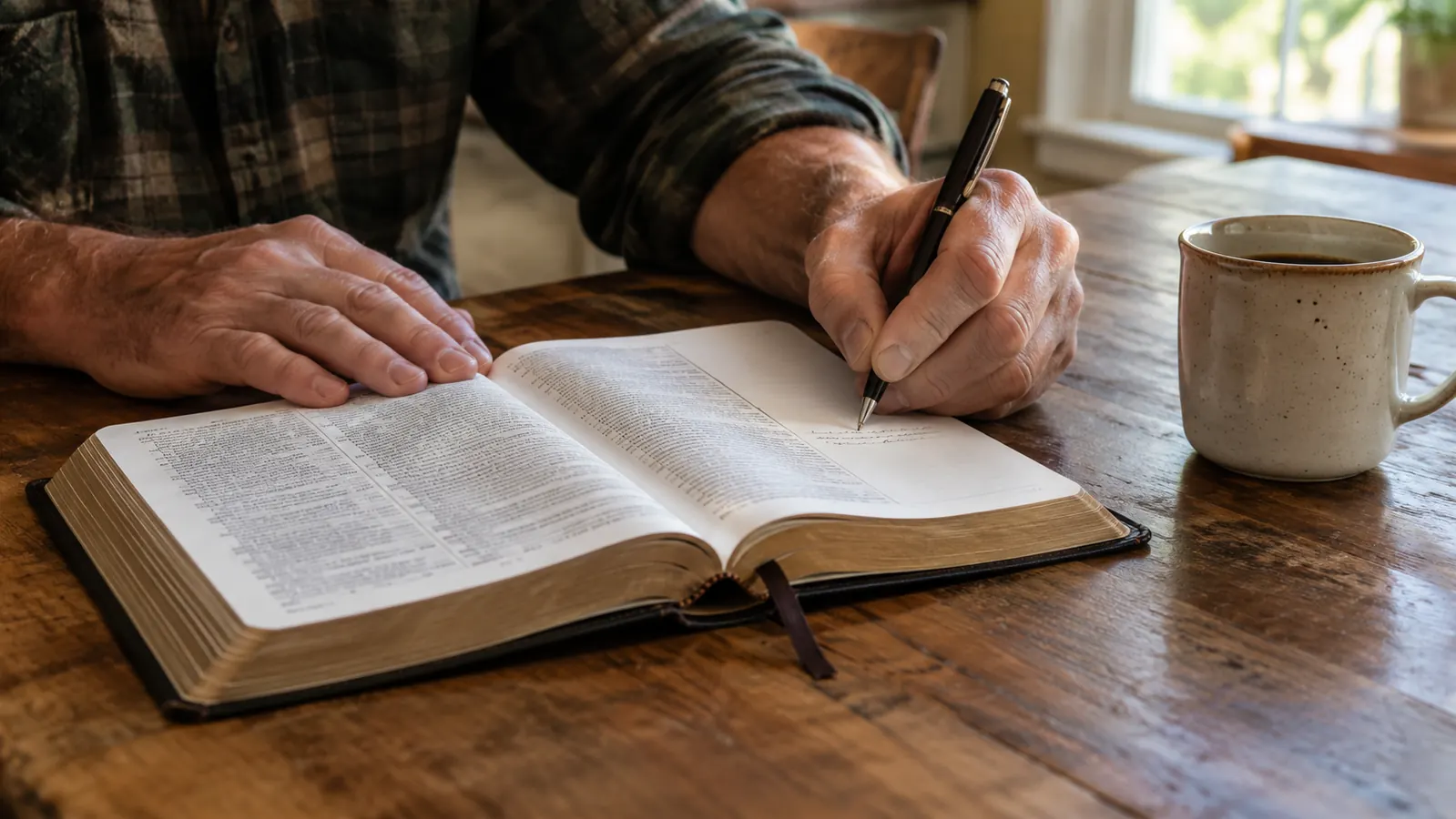 Hands writing notes in the wide margin of an open journaling Bible on a wooden kitchen table