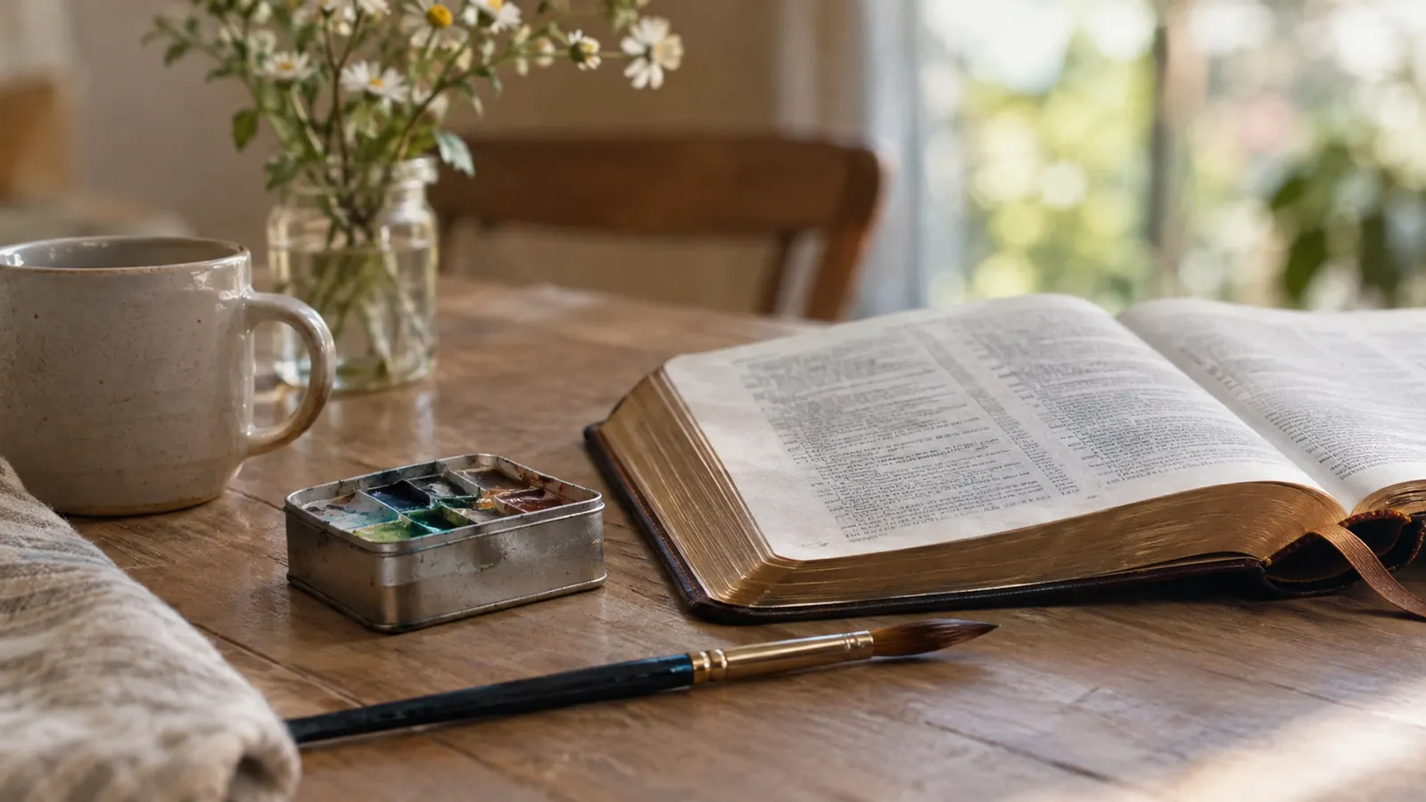 A watercolor brush and a small paint tin resting beside an open journaling Bible in soft window light