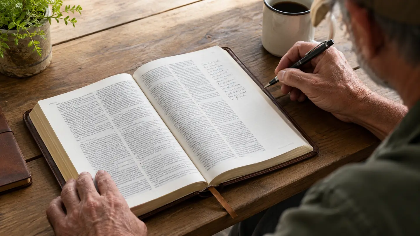 A hand writing in the margin of an open journaling Bible on a wooden table, a pen resting beside it