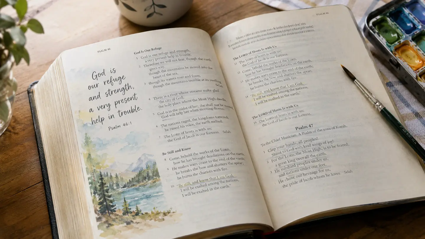 An open journaling Bible with a hand-lettered verse in the margin, a small watercolor wash beside it