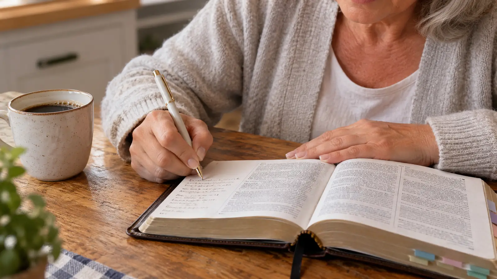 A woman writing in the margin of an open journaling Bible