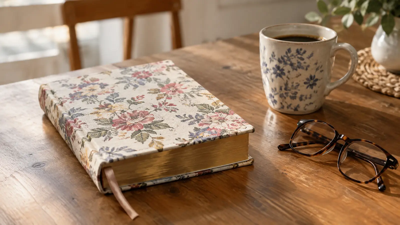 A journaling Bible with a floral cover resting on a kitchen table beside reading glasses and a coffee mug