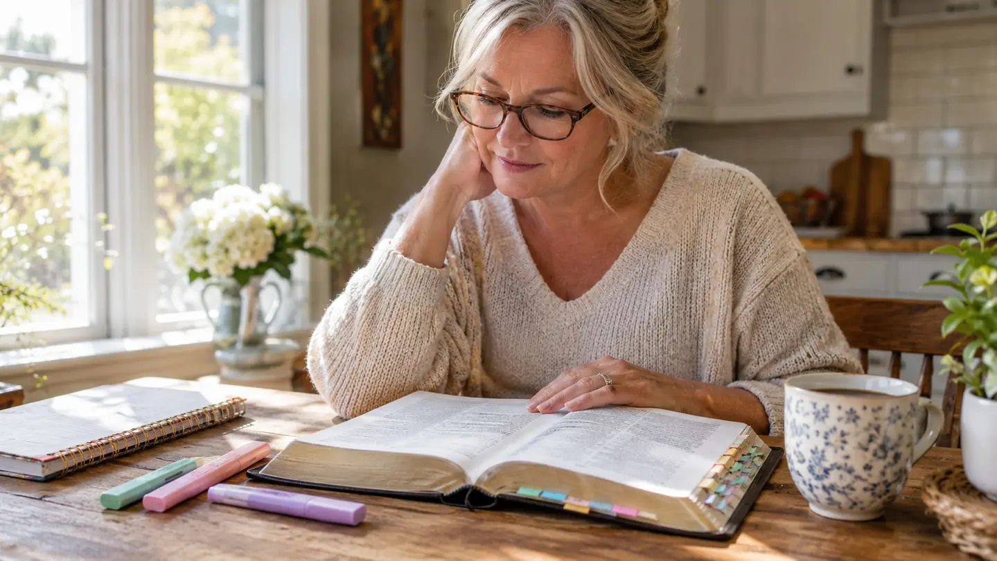 An open journaling Bible on a wooden kitchen table with highlighters, colored tabs, a spiral study journal and a cup of coffee in morning light