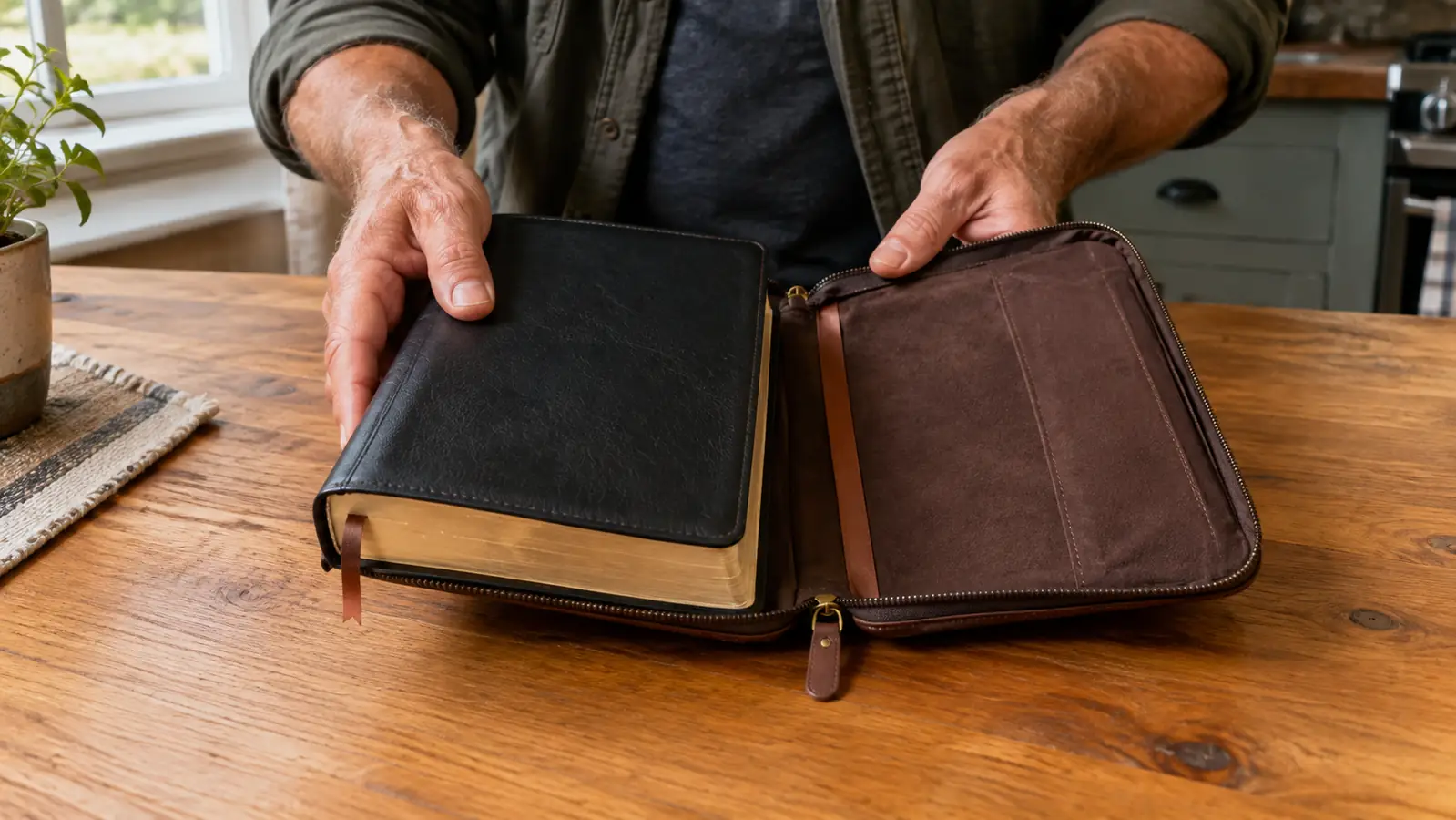 Hands sliding a Bible into an open Bible cover on a wooden kitchen table