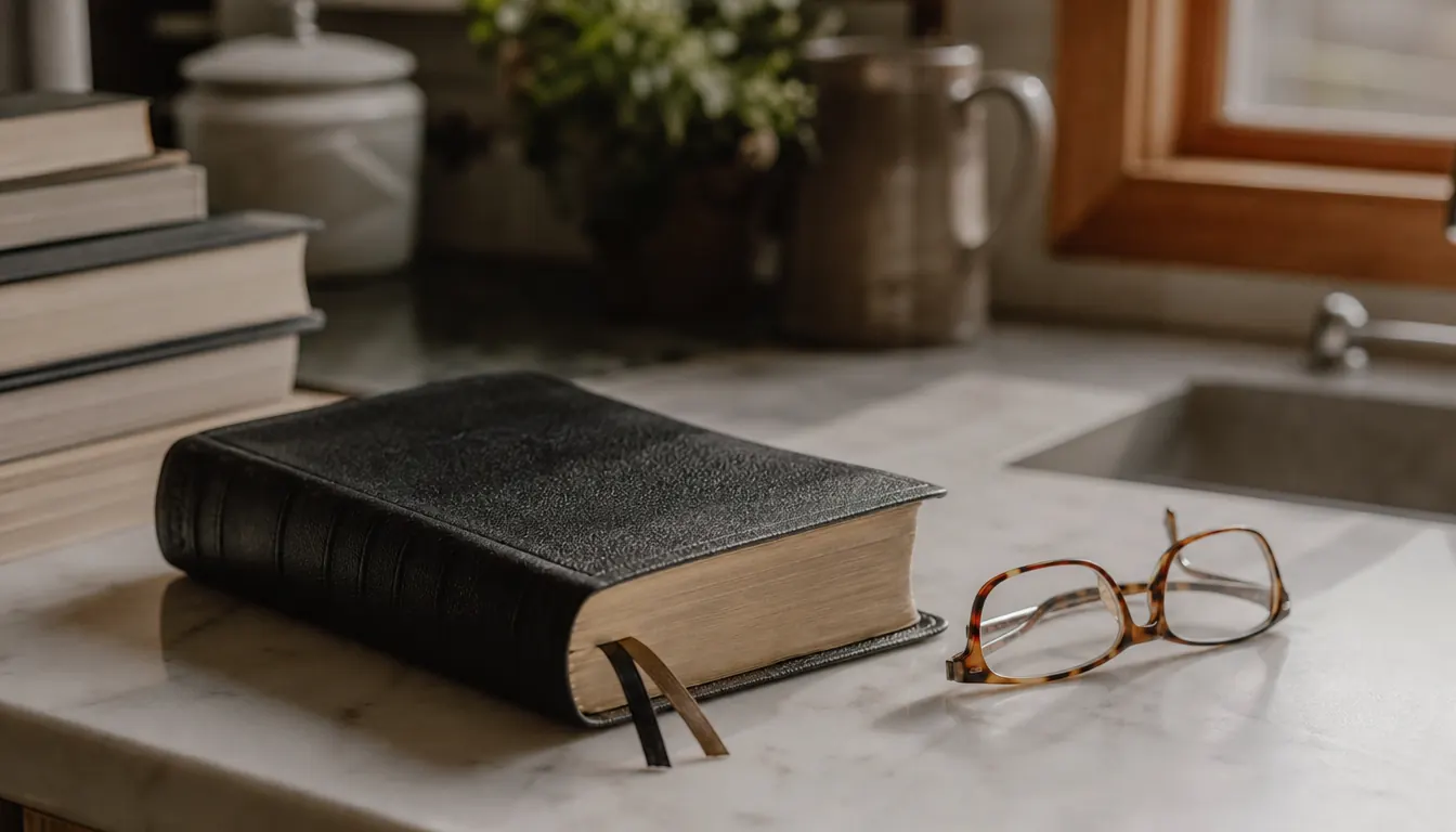 A closed Bible cover resting on a kitchen counter beside reading glasses and a small stack of books