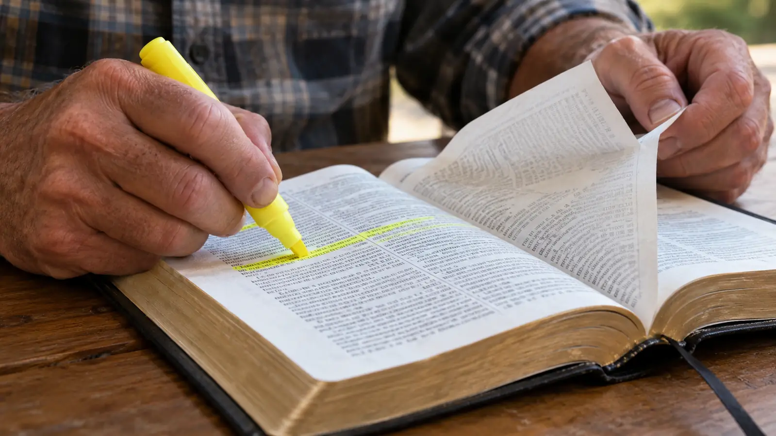 A hand holding a highlighter at a slight angle over thin Bible paper, with the page turned to show the other side