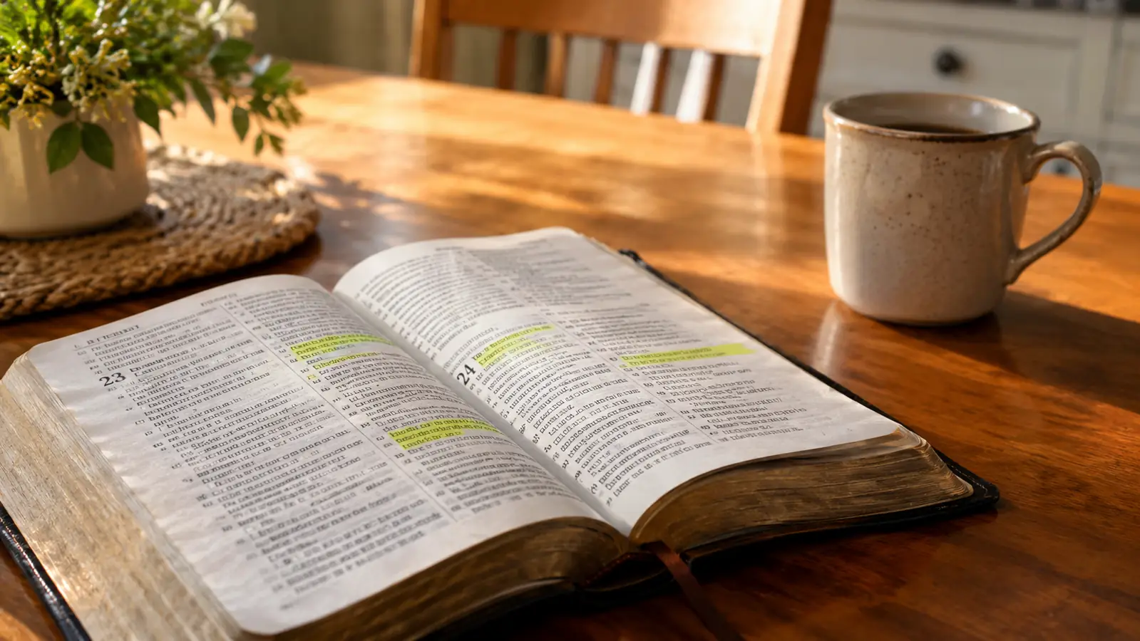 A Bible open on a kitchen table with a few soft highlighting marks on the page and a ceramic mug nearby