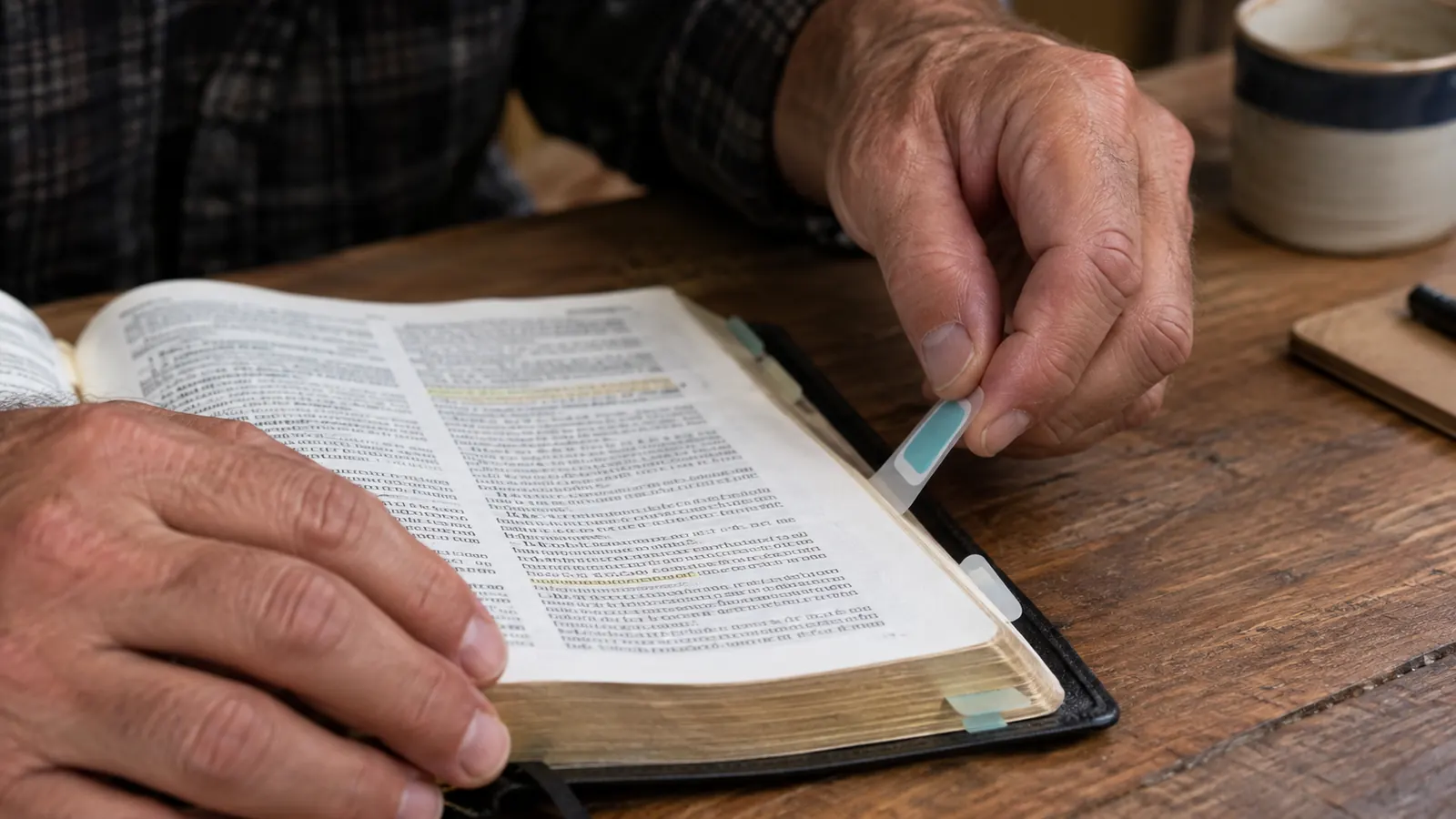 Close-up of hands placing a small laminated tab onto the edge of a Bible page on a wooden table