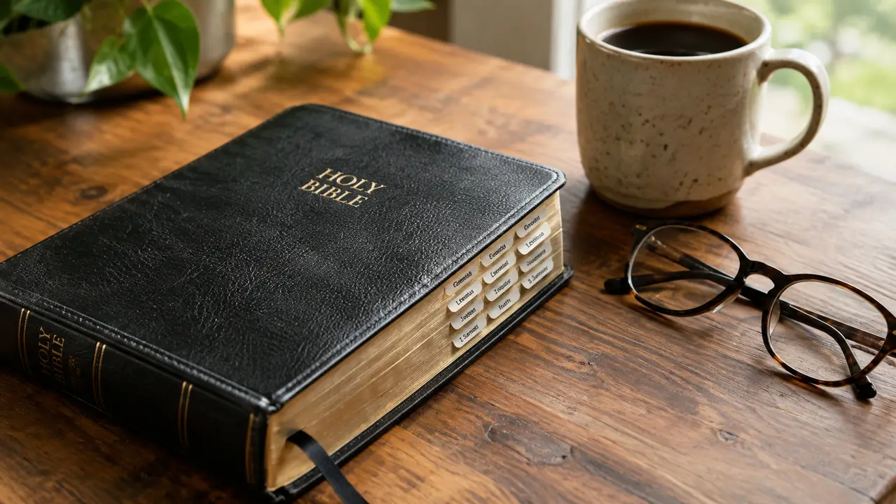 A closed Bible on a wooden table with a neat row of small tabs along the page edges, reading glasses and a coffee mug nearby