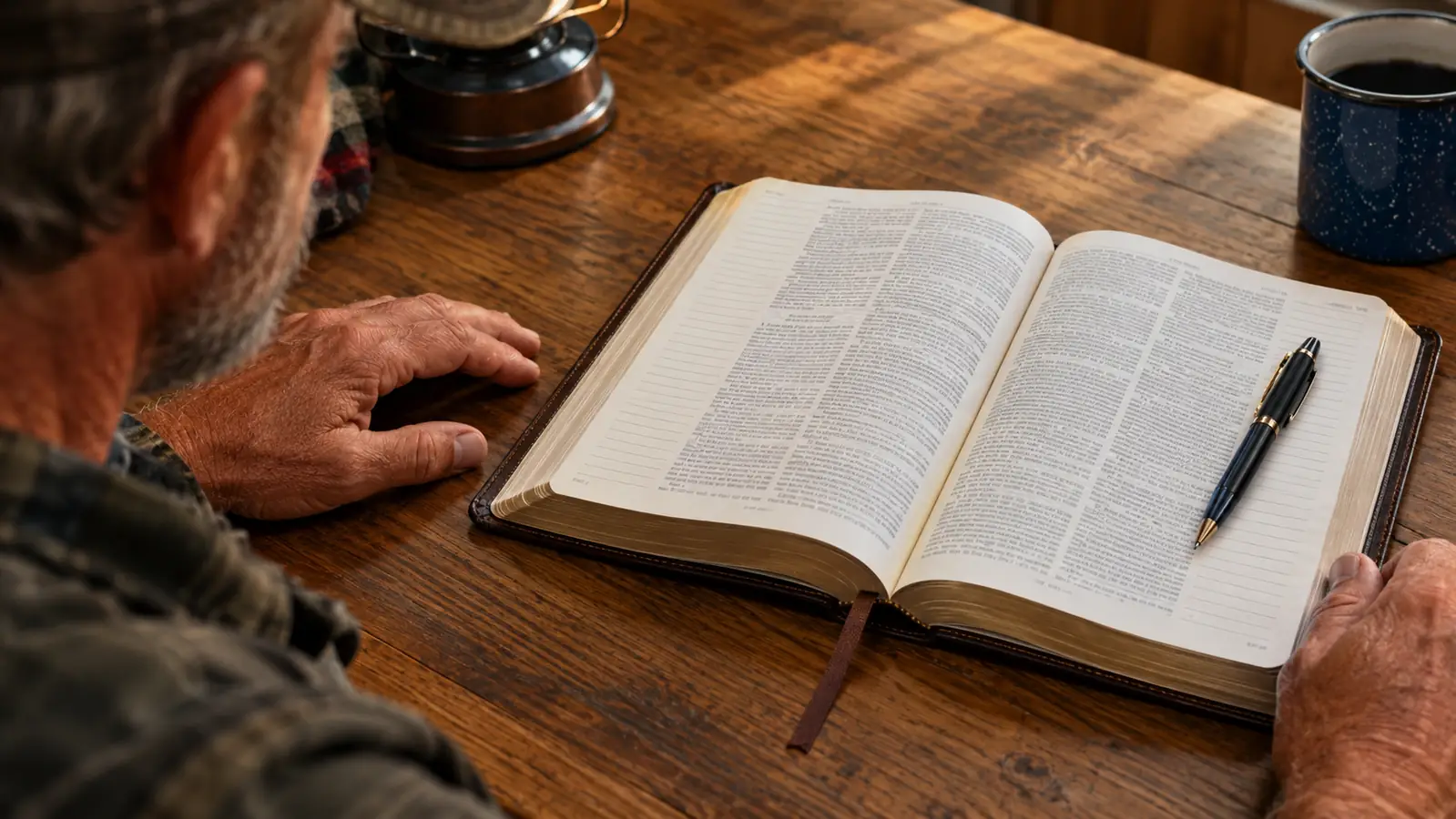A hand resting beside an open journaling Bible on a wooden table, a pen set down in the margin of the page