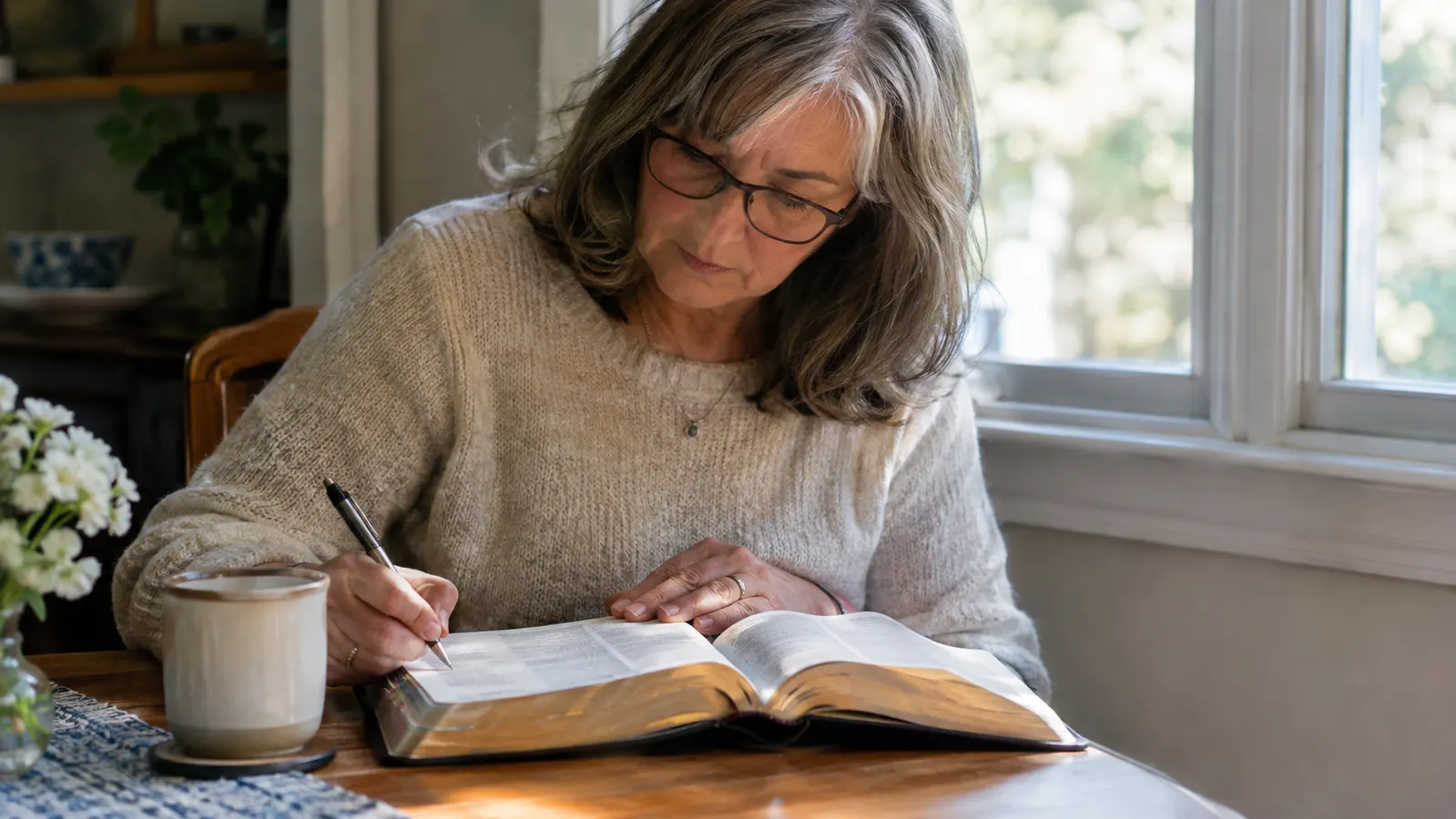 A woman in her sixties writing in the margin of an open journaling Bible at the same kitchen table, afternoon light through a window
