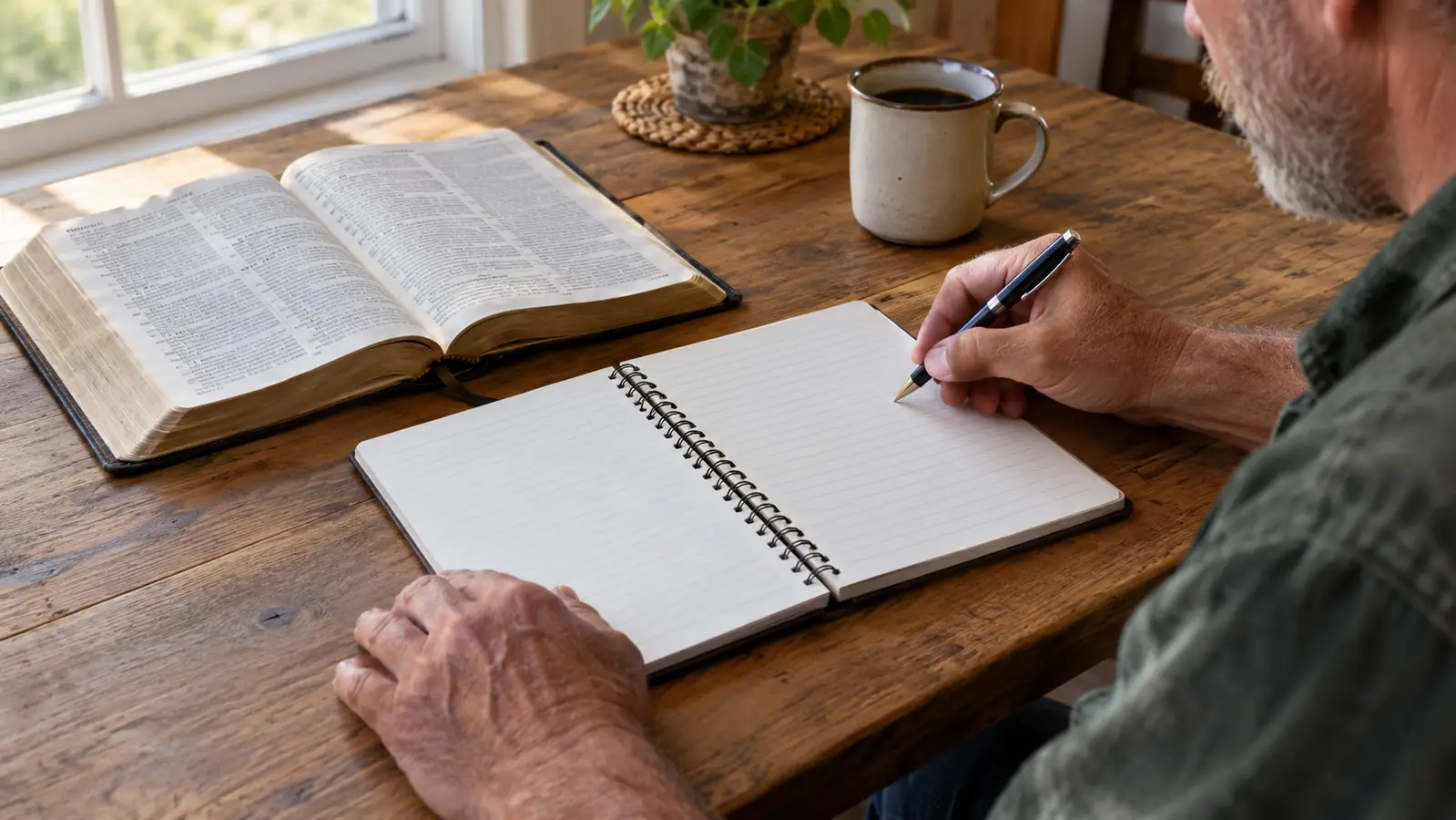 A spiral-bound notebook open on a kitchen table beside a Bible, with a pen resting on the page