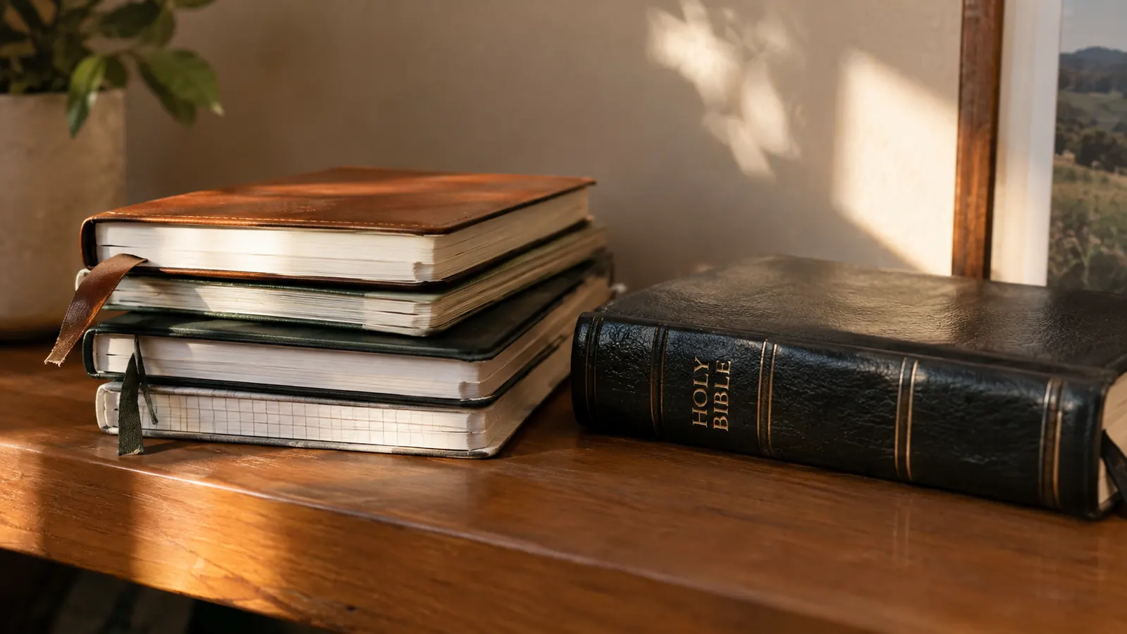 A stack of filled notebooks on a shelf next to a Bible