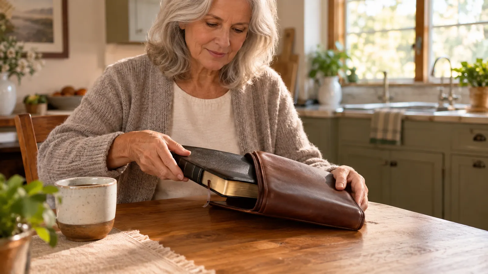 A woman in her sixties setting a Bible into its cover on a kitchen table beside a coffee mug