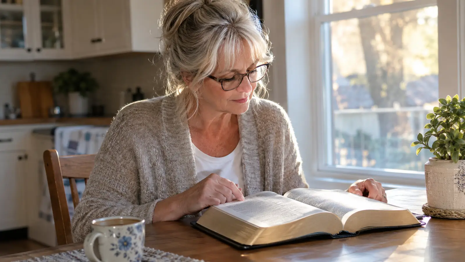 A woman in her sixties reading at a kitchen table with a Bible open in front of her and reading glasses on