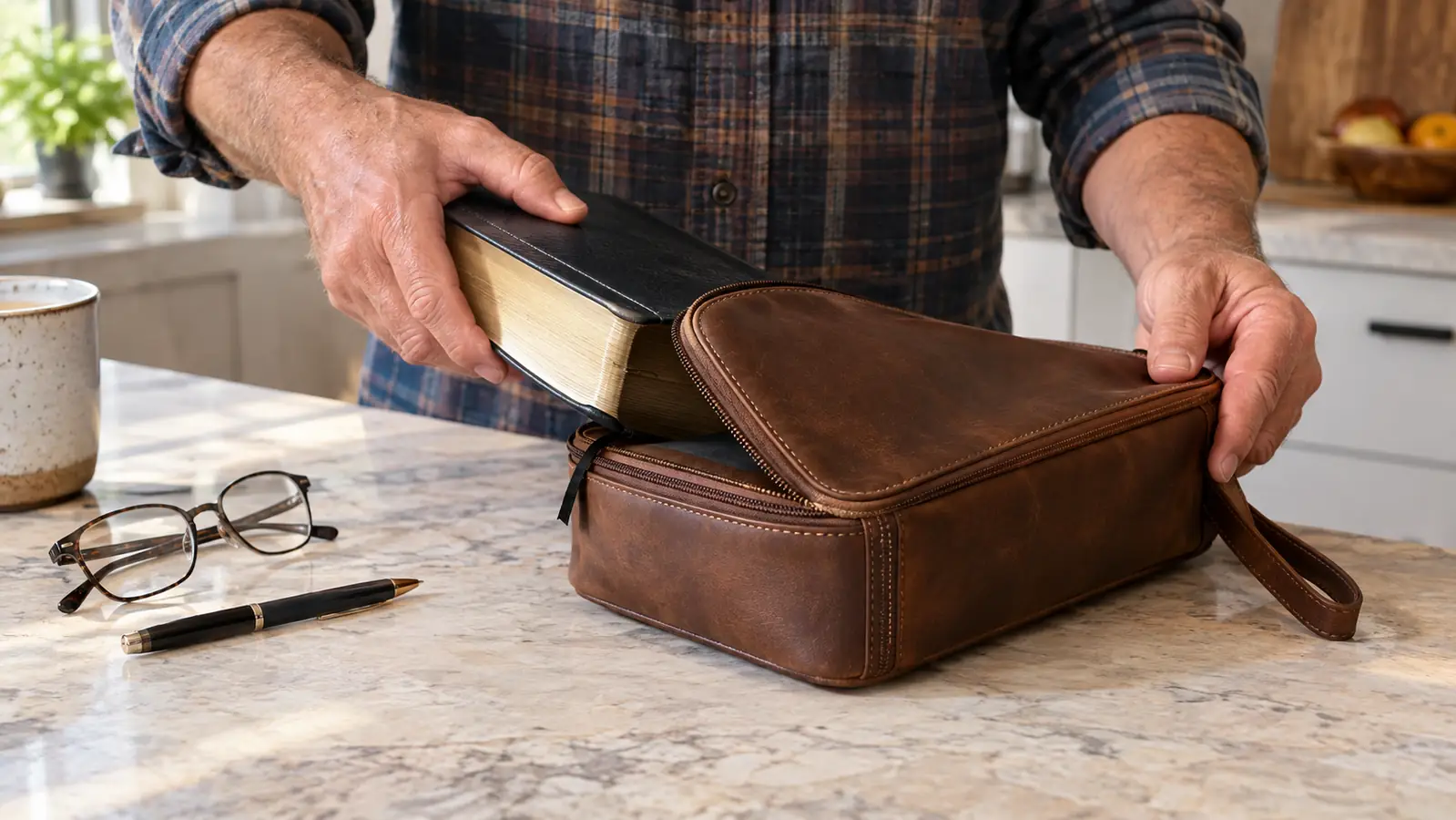 A hand sliding a study Bible into a padded Bible cover on a kitchen counter, with reading glasses and a pen beside it