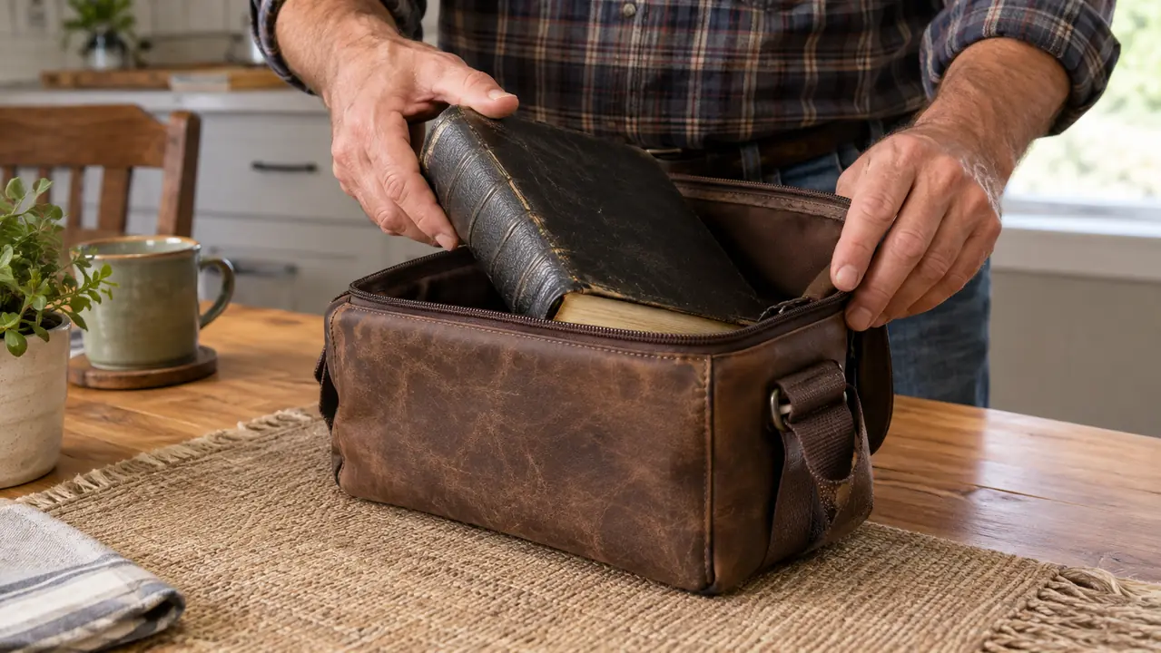 Hands settling a well-worn Bible into the Montana West carrying cover on a kitchen table.
