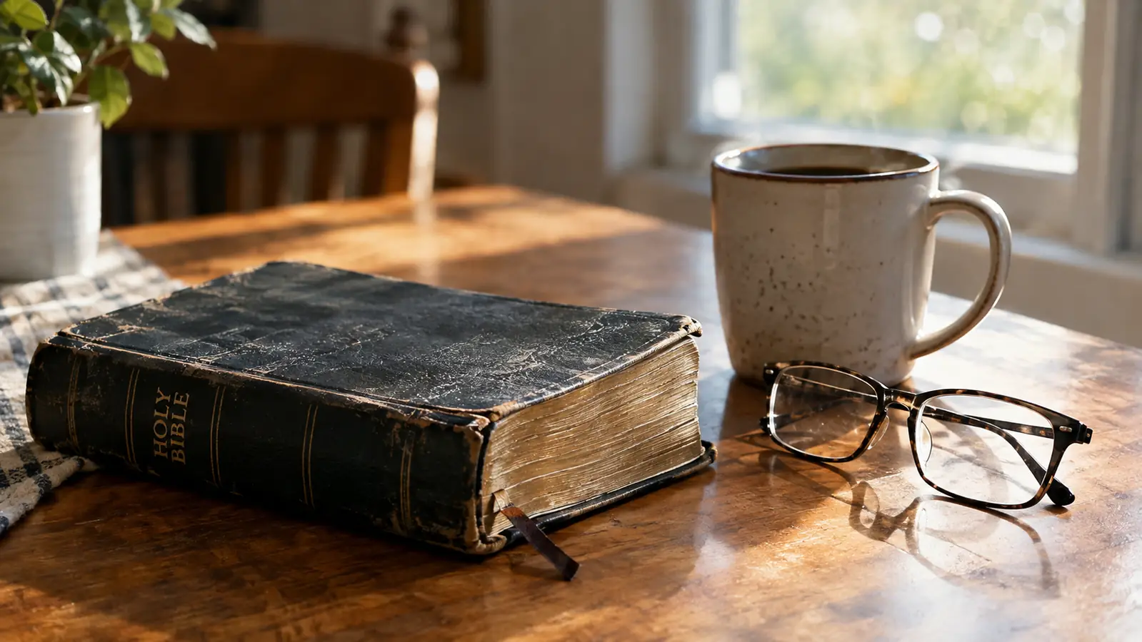 A well-worn Bible resting on a kitchen table beside a coffee mug and reading glasses.