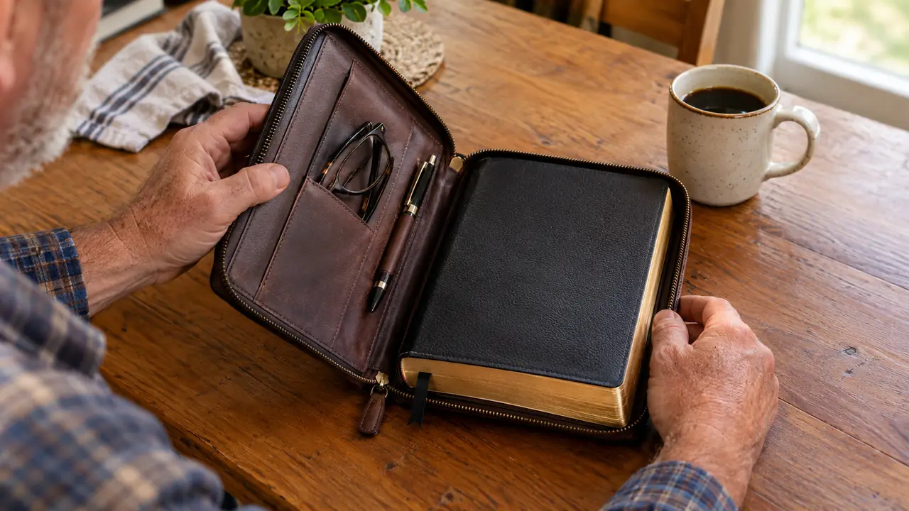 Hands opening a Bible cover on a kitchen table to reveal a Bible and study supplies