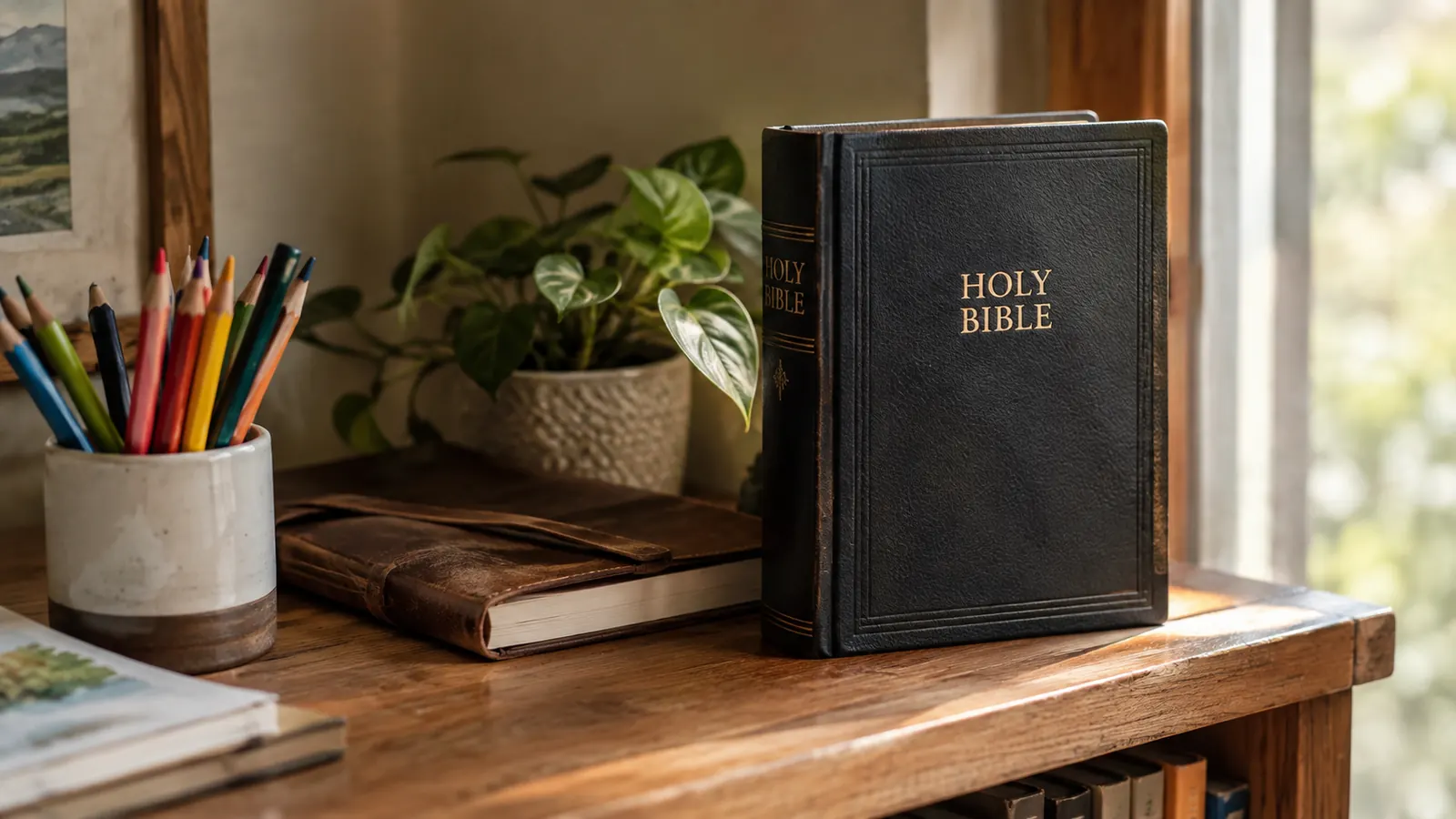A Bible cover resting on a shelf beside a journal and art supplies