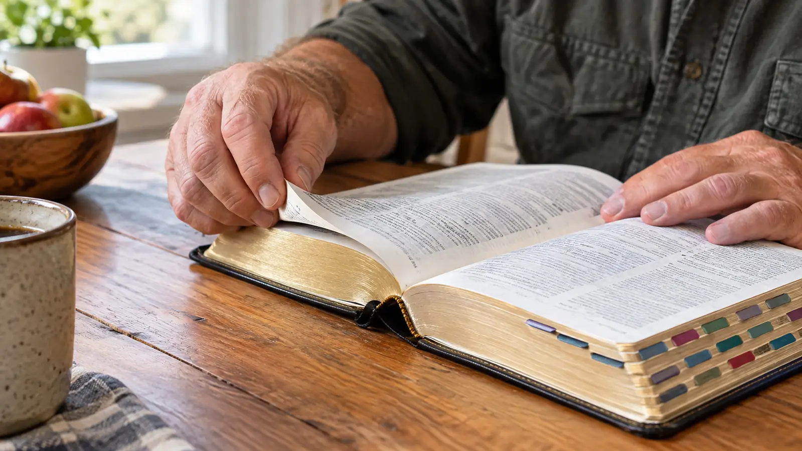 A close view of a hand turning a page of an open Bible with laminated tabs along the edge