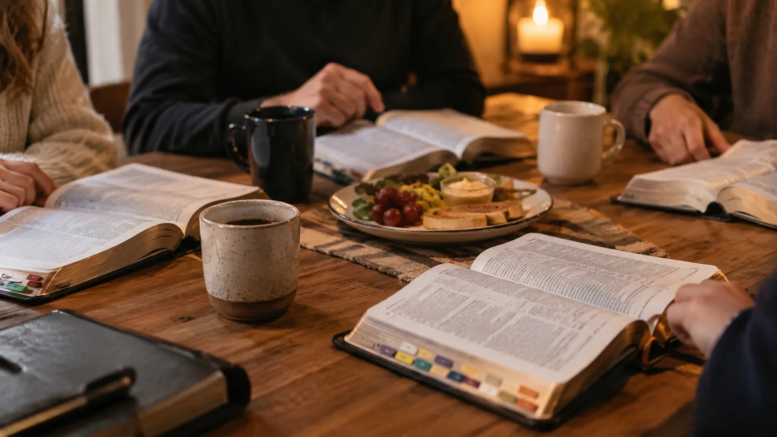 Several open Bibles with tabs on a kitchen table in warm evening light, with coffee cups and a plate of food