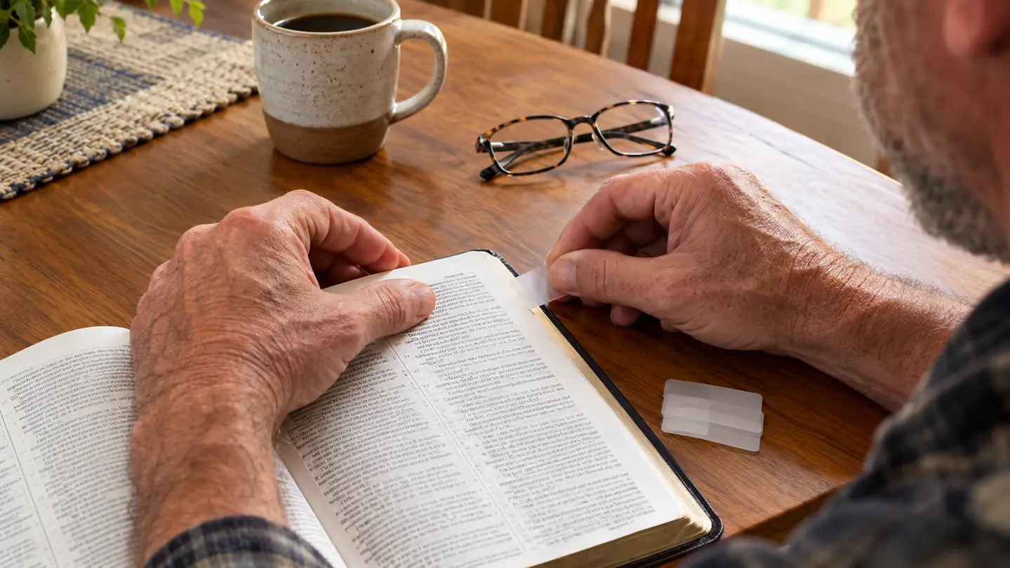 Hands pressing a tab onto the edge of an open Bible page at a kitchen table