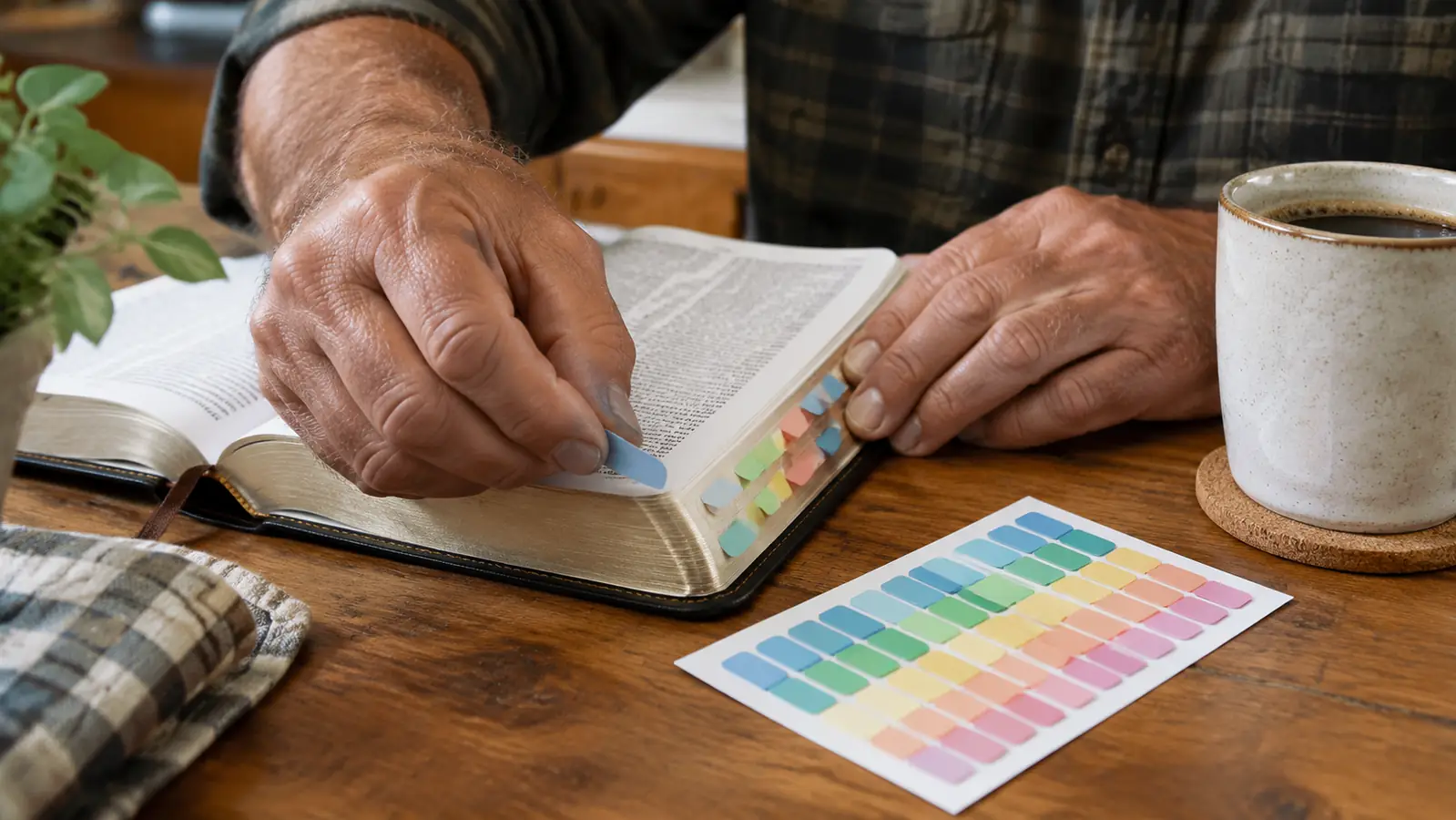 Hands pressing a laminated tab onto the edge of an open Bible page on a kitchen table