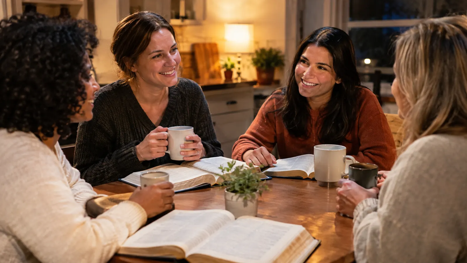 A small group of women with open Bibles and coffee cups gathered around a kitchen table in the evening