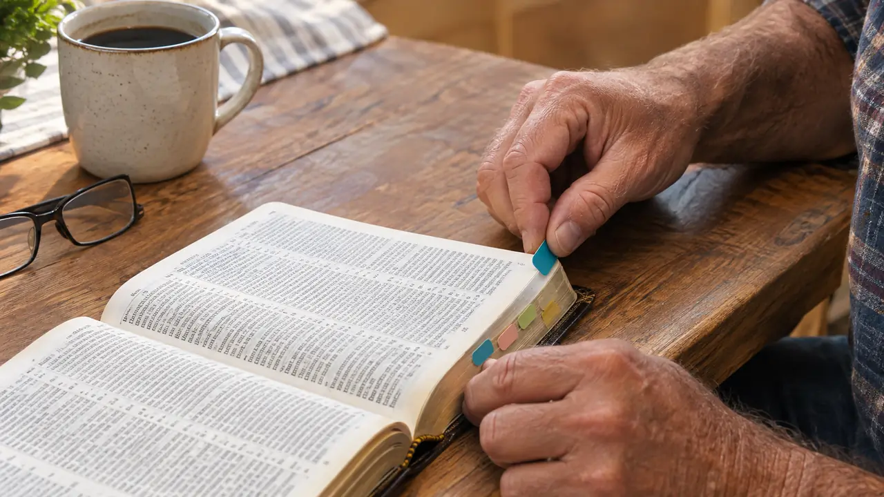 Hands placing a laminated Bible tab on the edge of an open Bible page at a kitchen table